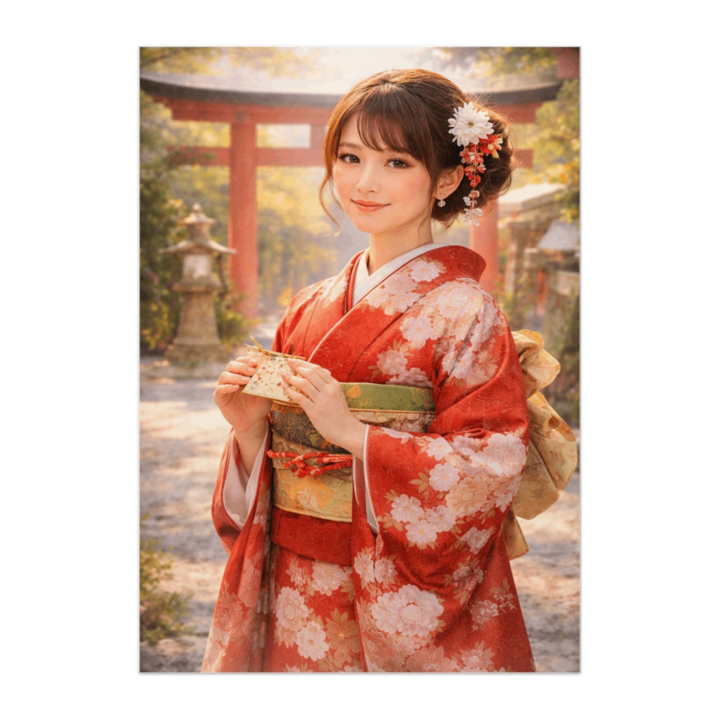 初詣の祈り ― 赤振袖の清楚美人ポスター