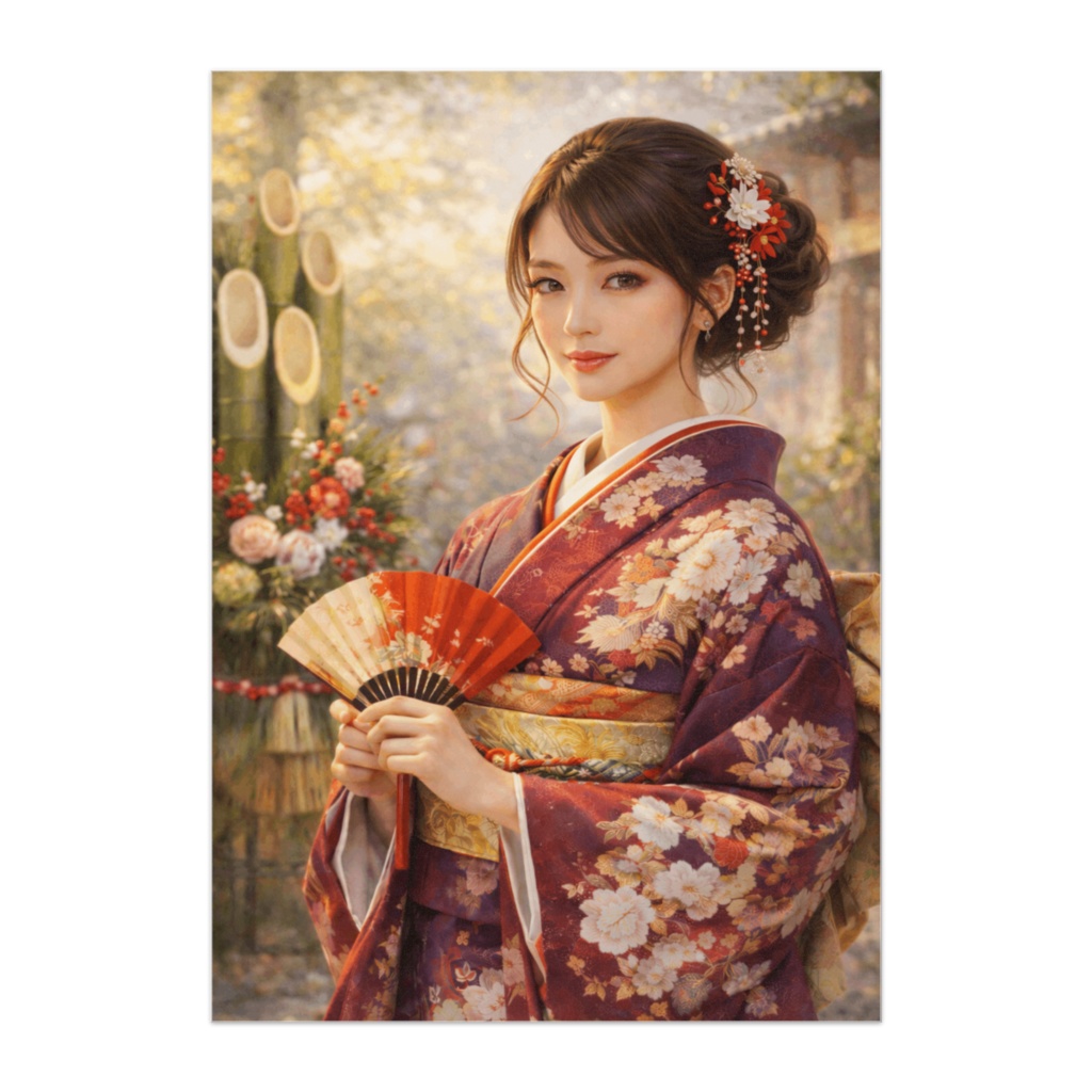 静寂の気配 ― 紫振袖と扇子の和美人ポスター