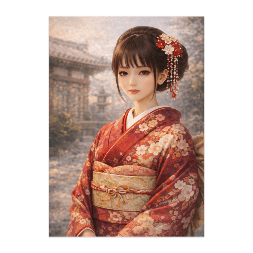 晴れやかな微笑み ― 赤振袖の正月美人ポスター