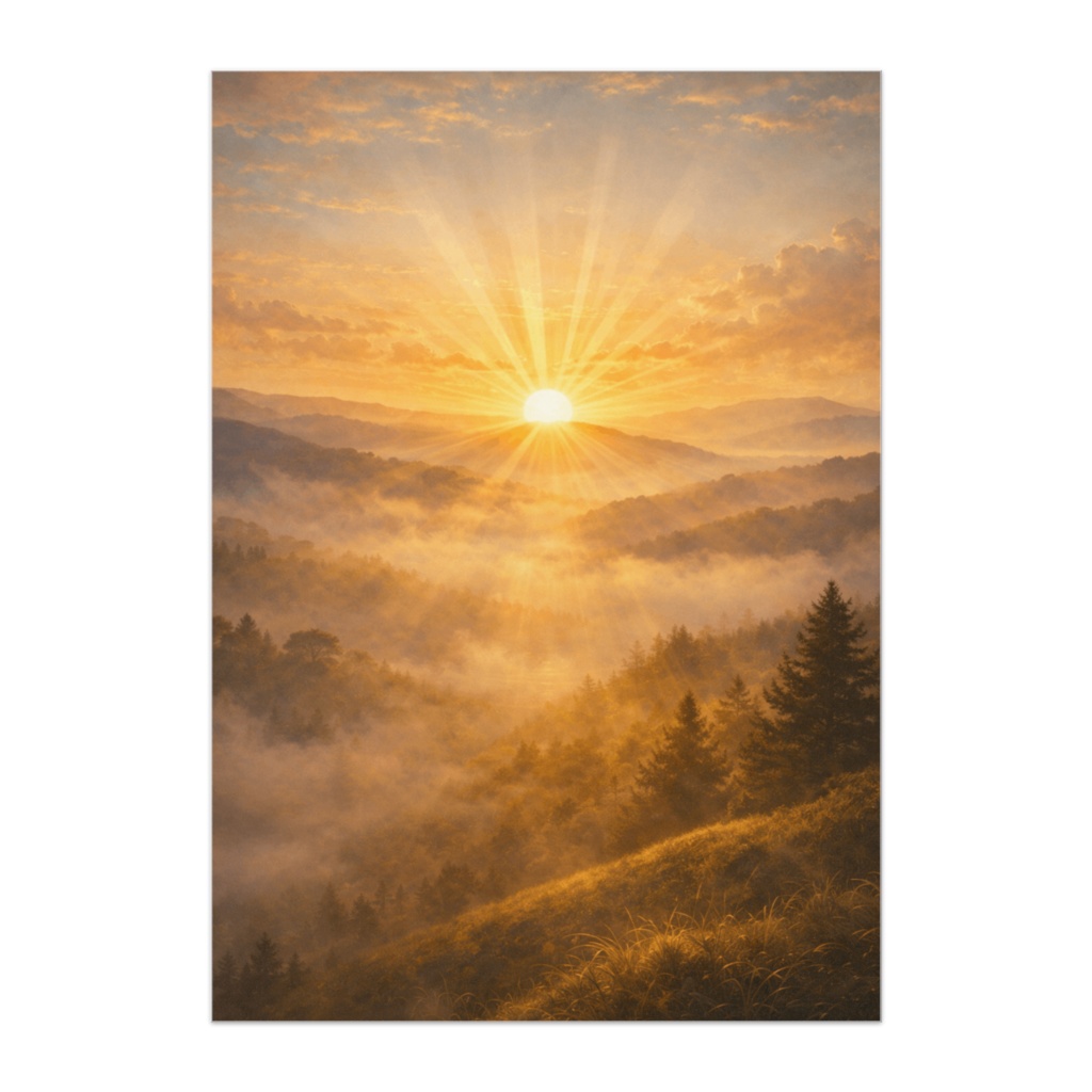 静かな始まり ― 霧の丘に昇る初日の出