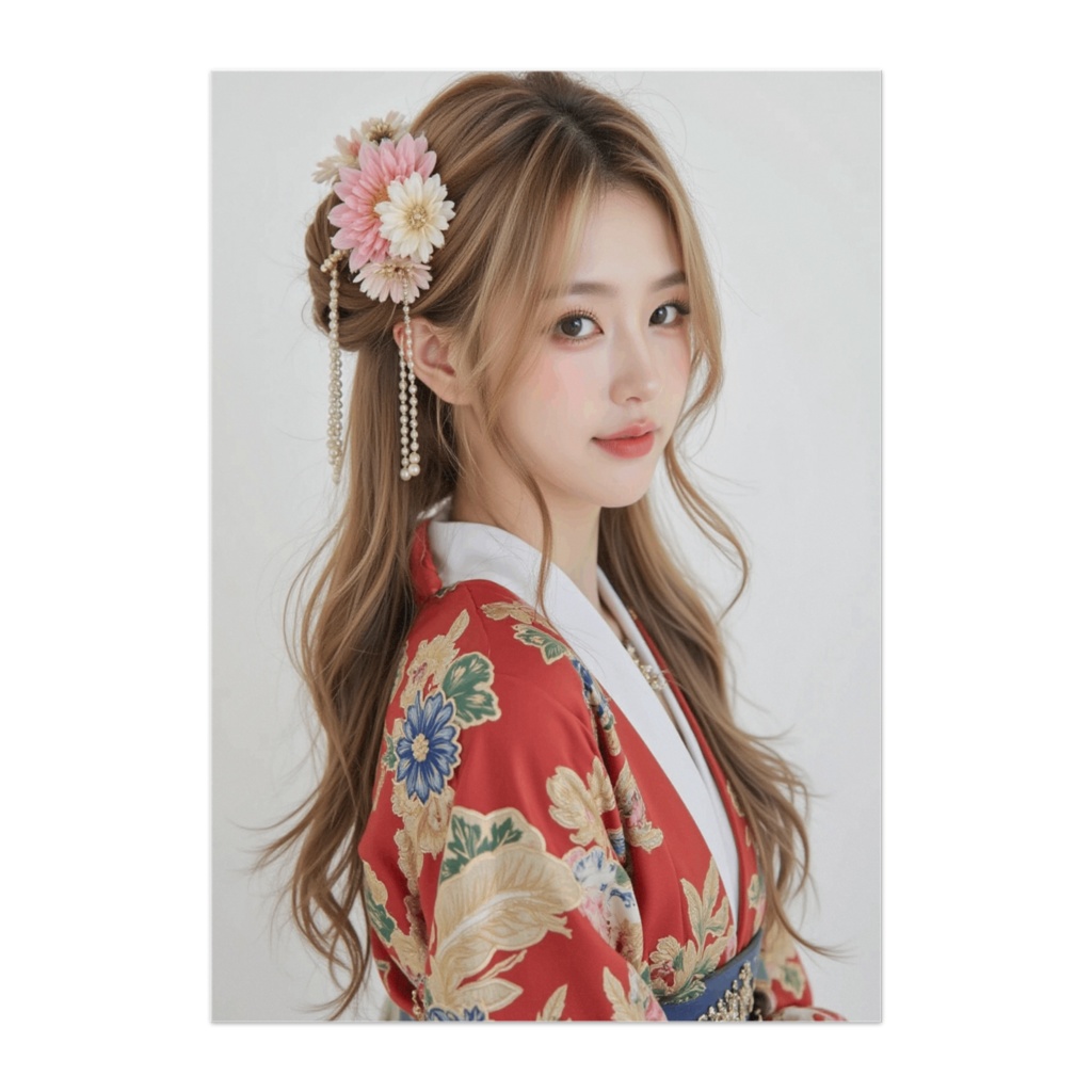 艶やか赤振袖ギャル ― 花飾りと柔らかなまなざし ―