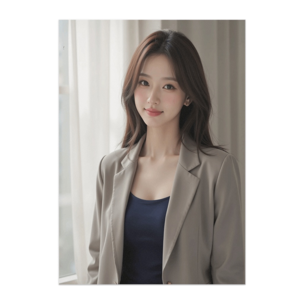 希望の朝 ― 窓辺に立つフォーマル女性ポートレート