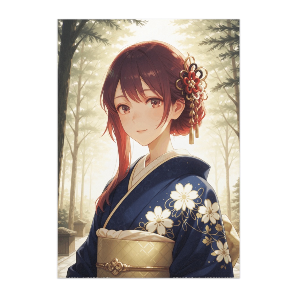 静かな庭園の振袖美人 ― 青