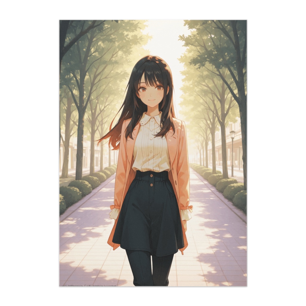 木漏れ日の並木道で微笑むナチュラルロングの少女