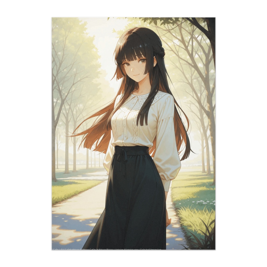 静かな公園路に佇む姫髪のまなざし