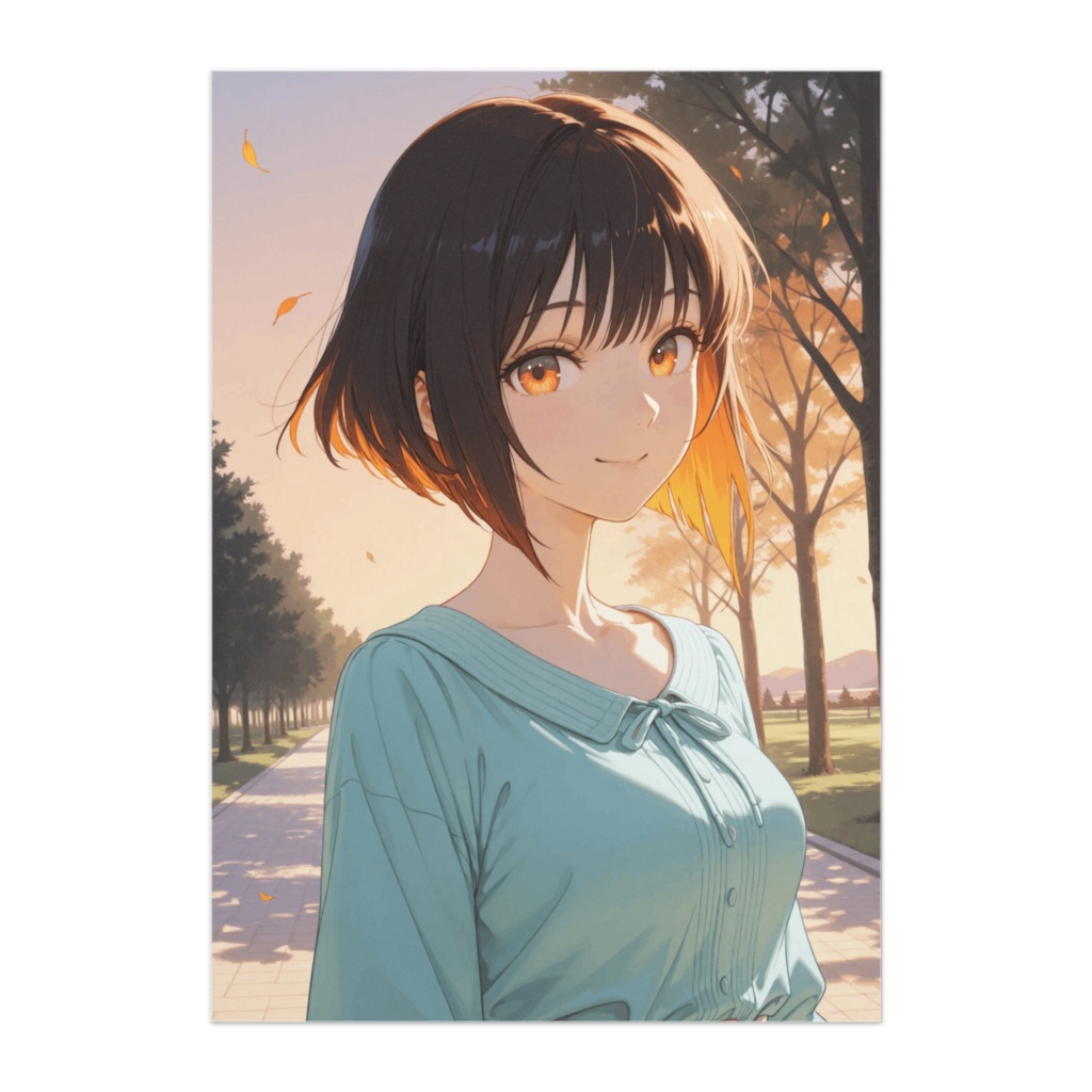 夕焼けの並木道とボブカットの微笑み