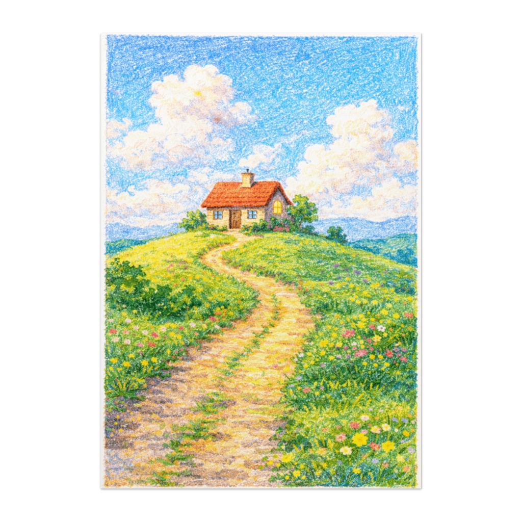 丘の上の小さな家｜クレヨン絵本風 癒しの風景ポスター