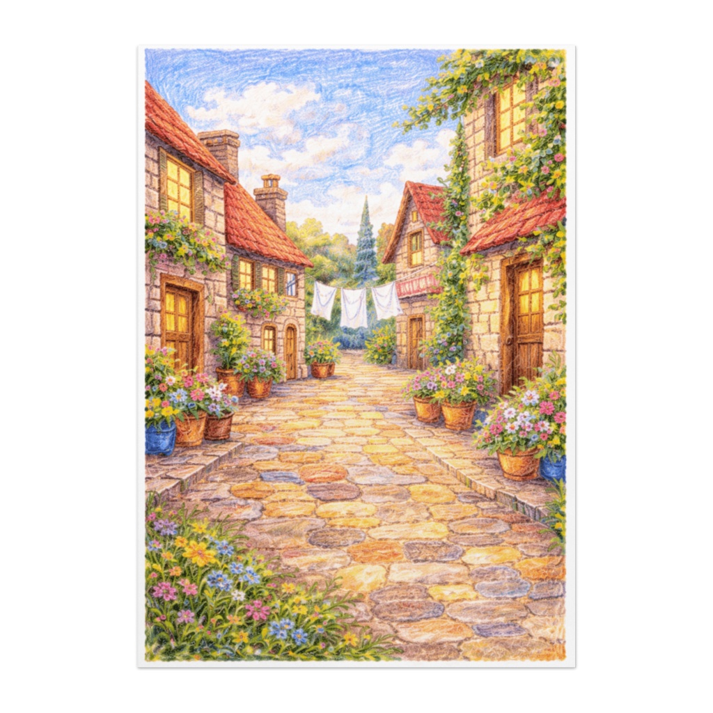 花咲く石畳の村道｜海外絵本風 クレヨンイラストポスター