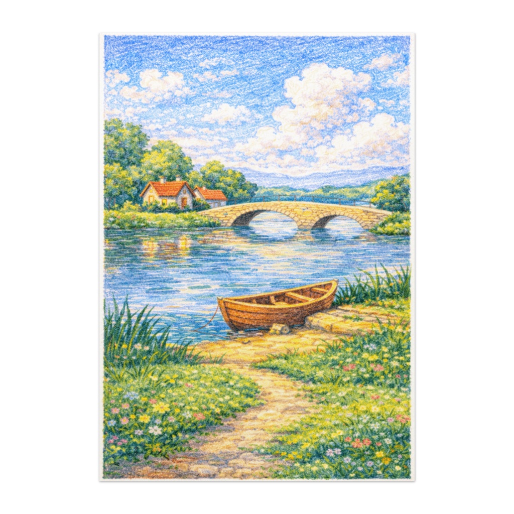 川と小さな橋｜やさしい絵本風 クレヨン風景ポスター