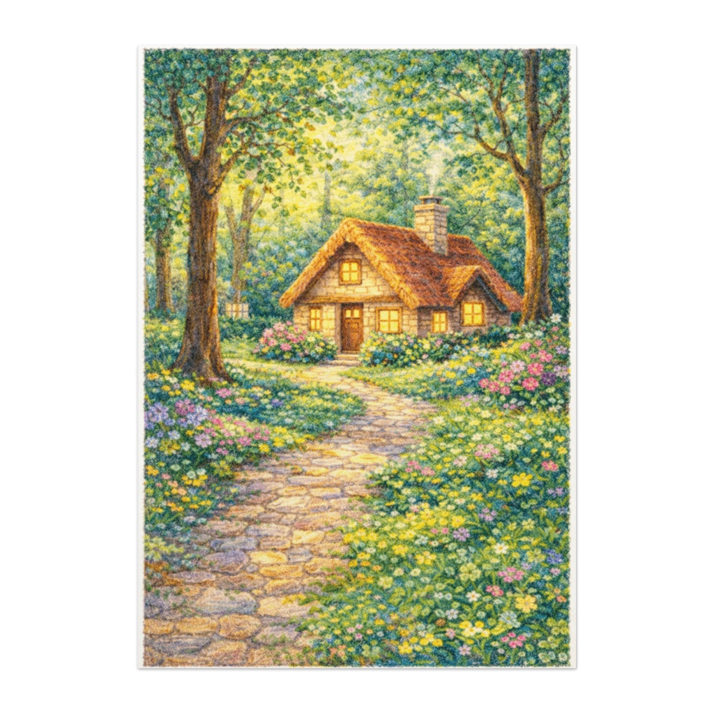 森に包まれた小さなコテージ｜クレヨン絵本風 癒しの森ポスター