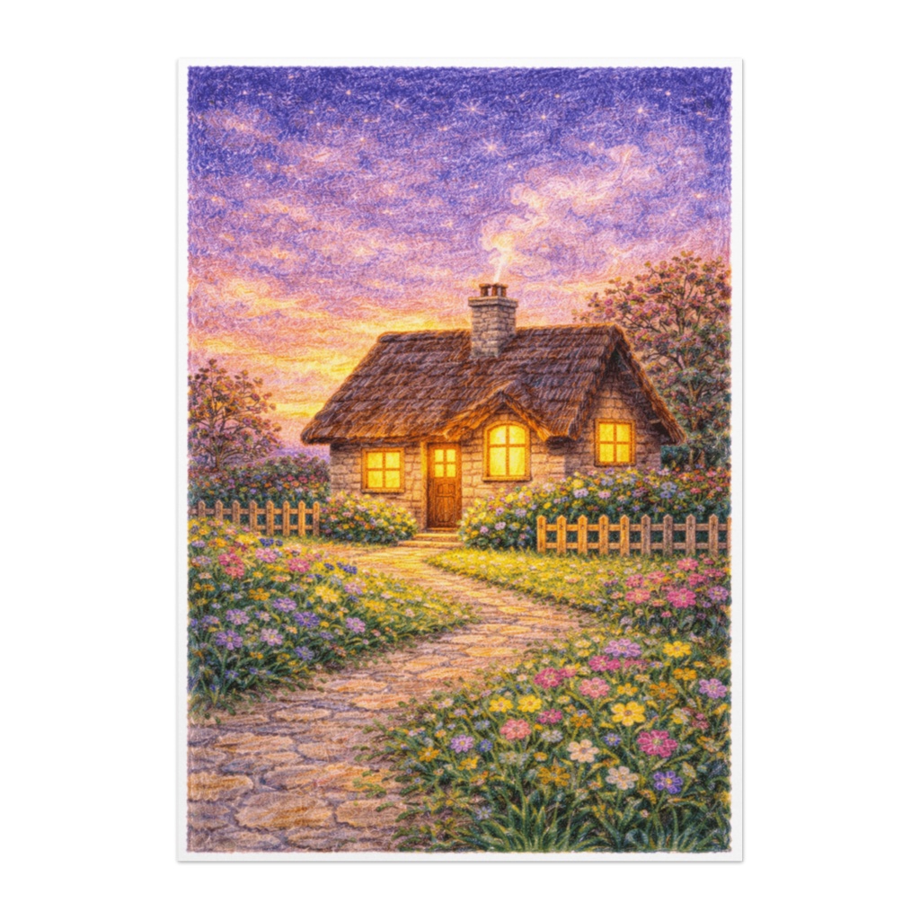 夕暮れに灯る家｜クレヨン絵本風 あたたかな癒しのポスター