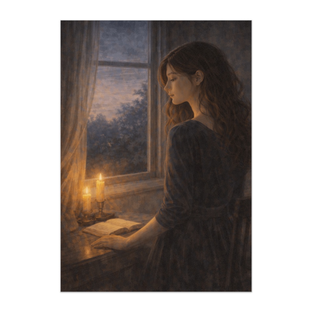 夜の窓辺で本を読む女性|静寂と灯りの油絵風ポスター