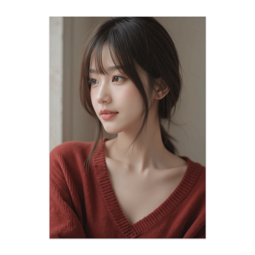 やさしい横顔と赤ニットのぬくもり