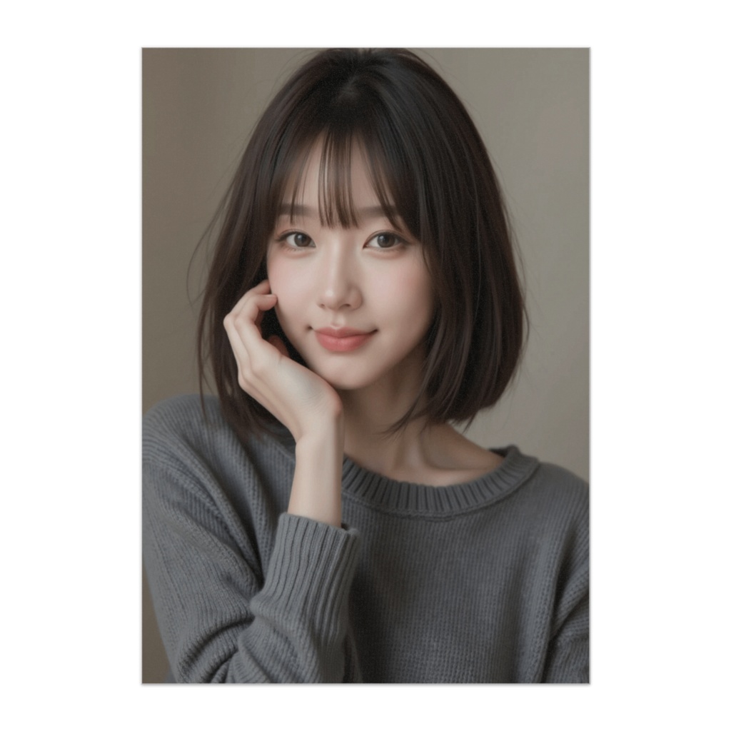 静かに寄り添うグレイニットの微笑み