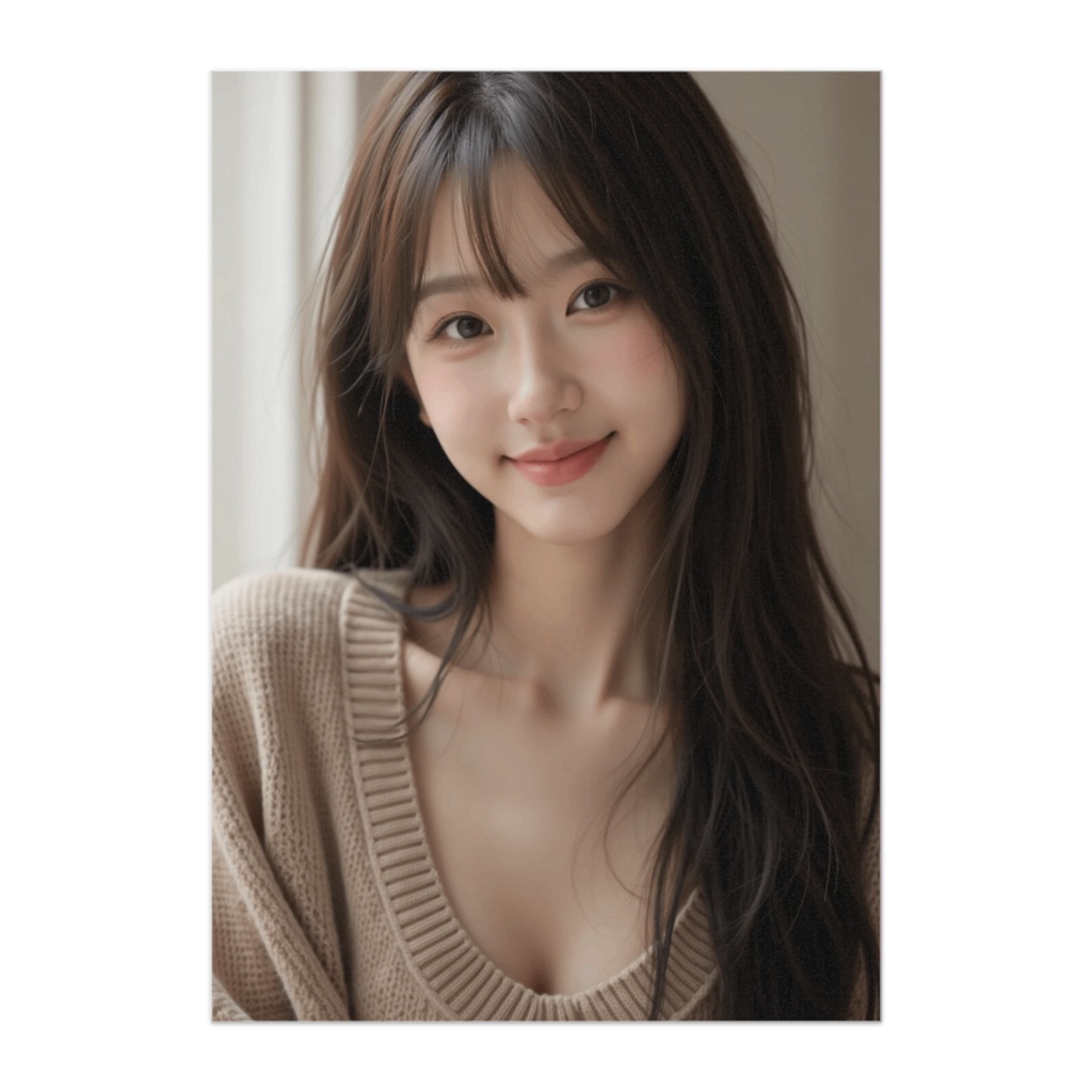 ベージュニットとやさしい笑顔