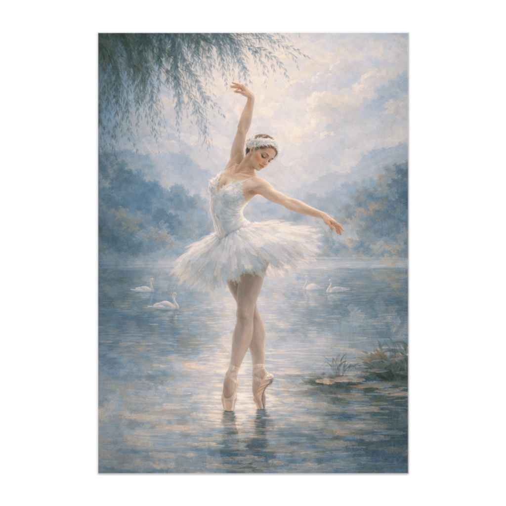 静寂の湖に舞う白鳥 ― バレエ油絵風ポスター
