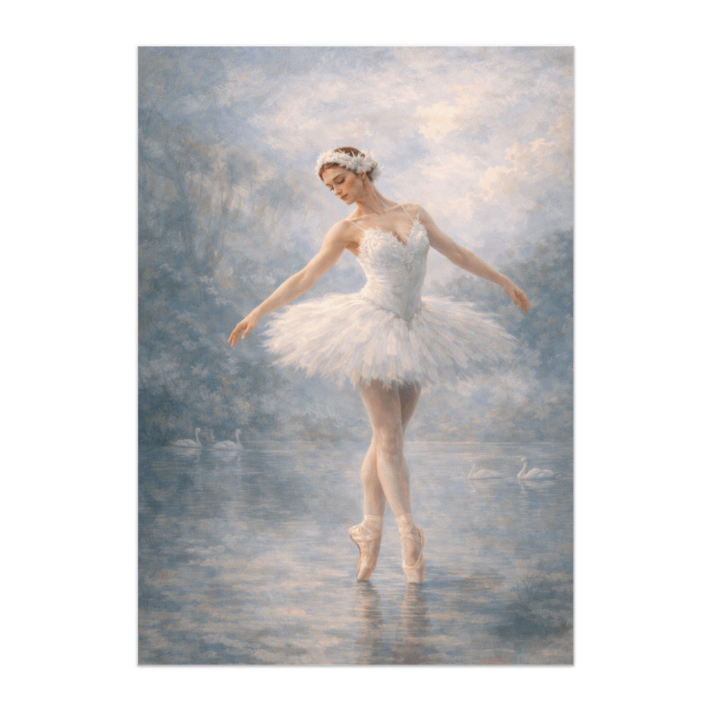 均衡の白鳥 ― 静かに舞うバレエ油絵風ポスター