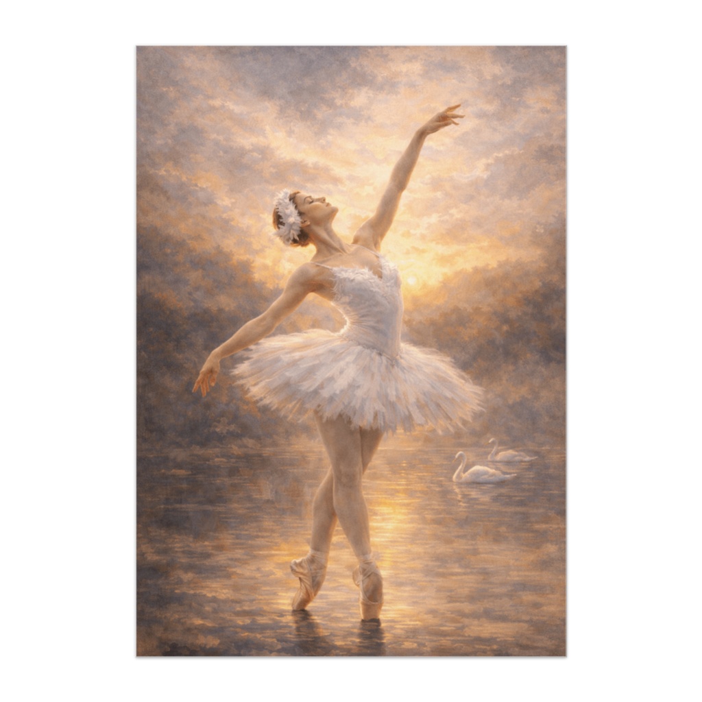 光へ昇る白鳥 ― 夕映えのバレエ油絵風ポスター