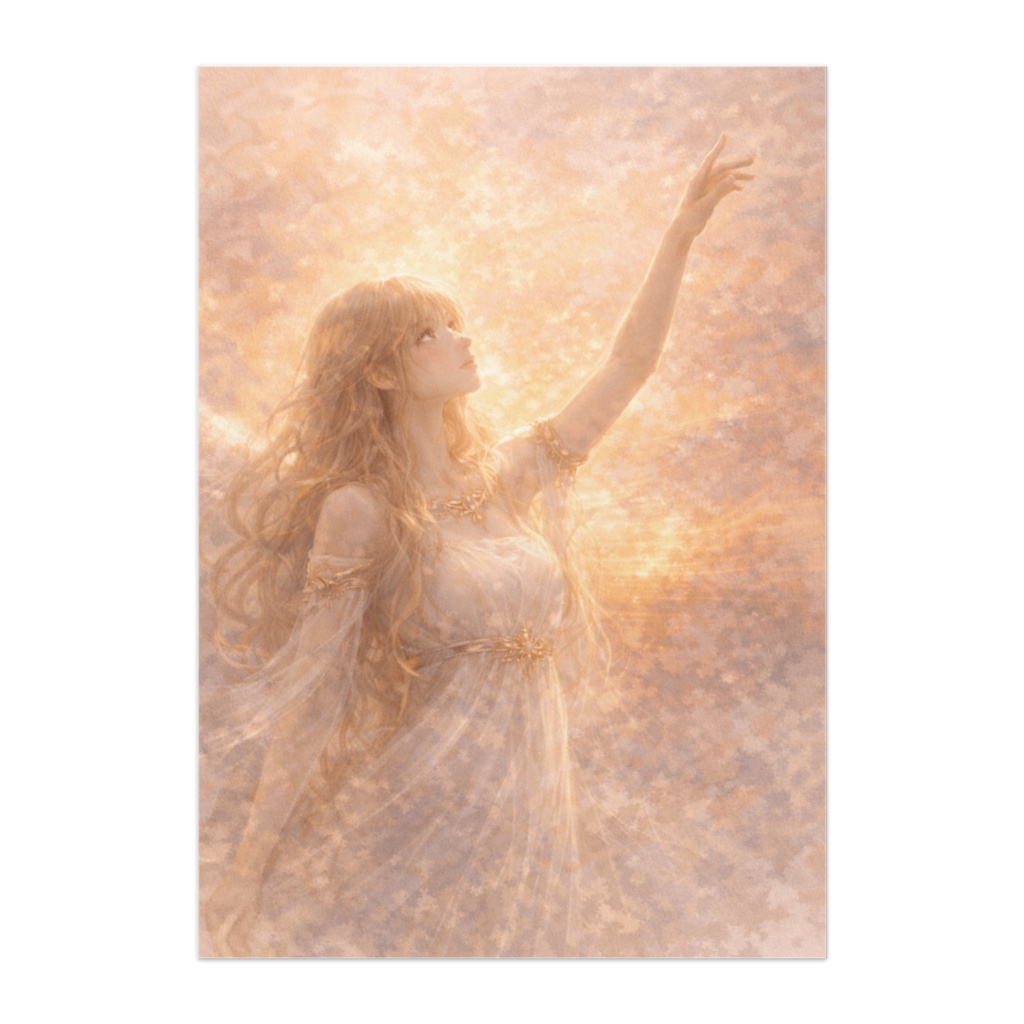 希望へ ― 光に手を伸ばす女神（舞うような構図・水彩風）