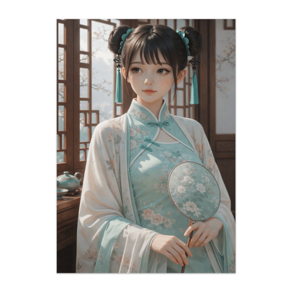 春光の団扇 ― ミントグリーンのチャイナ服美人