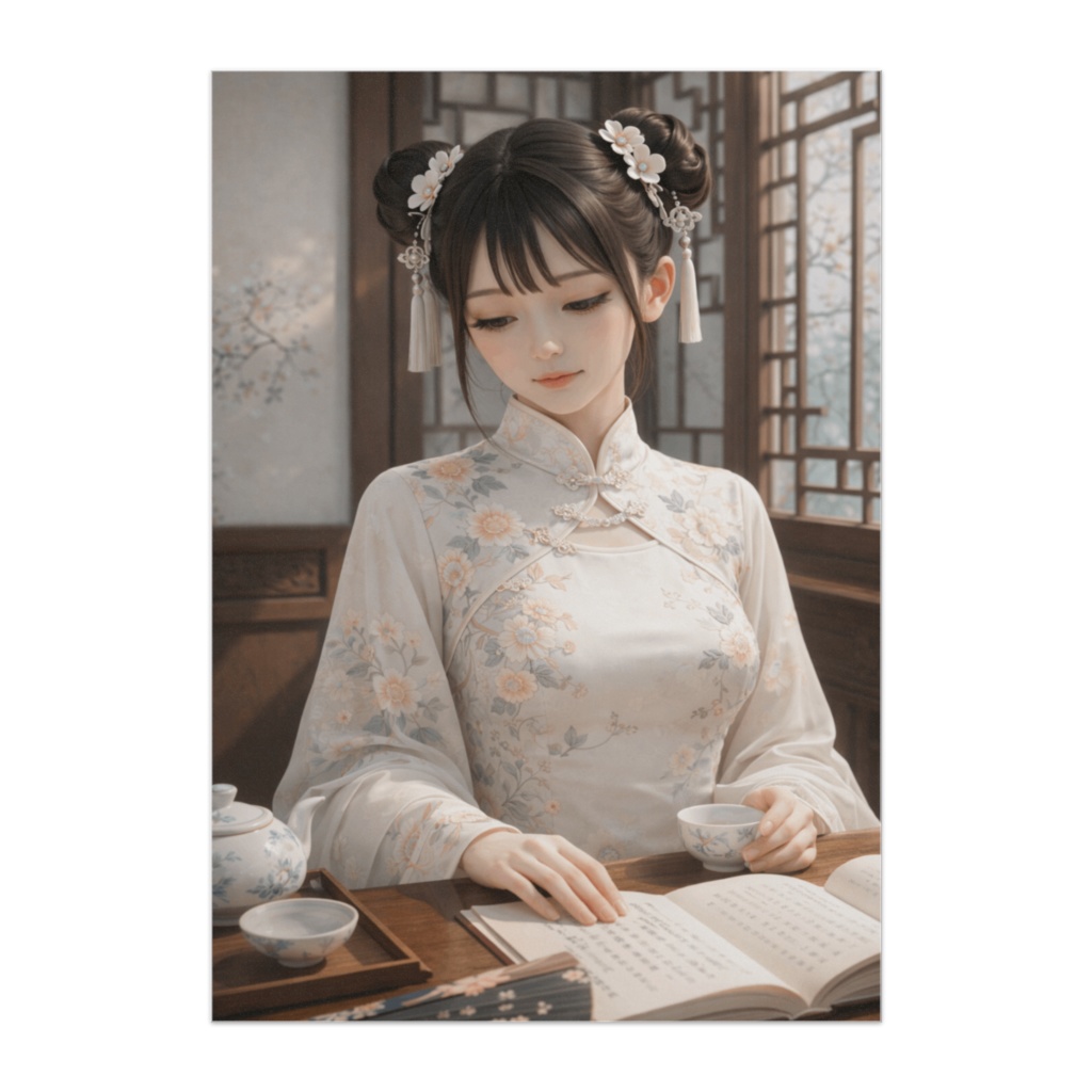 白花の書卓 ― 静謐なチャイナ服の女性