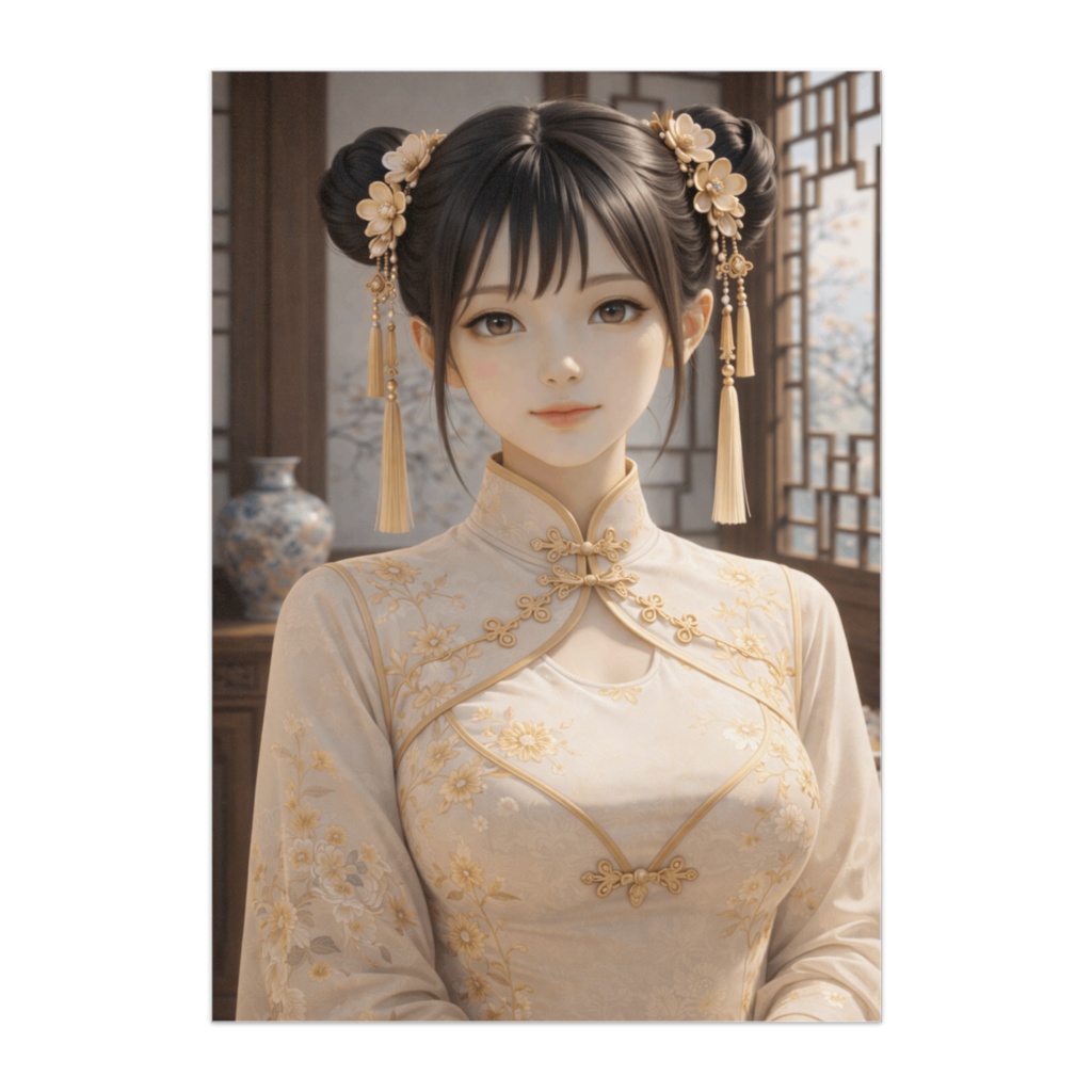 金彩堂 ― 生成りと金のチャイナ服美人