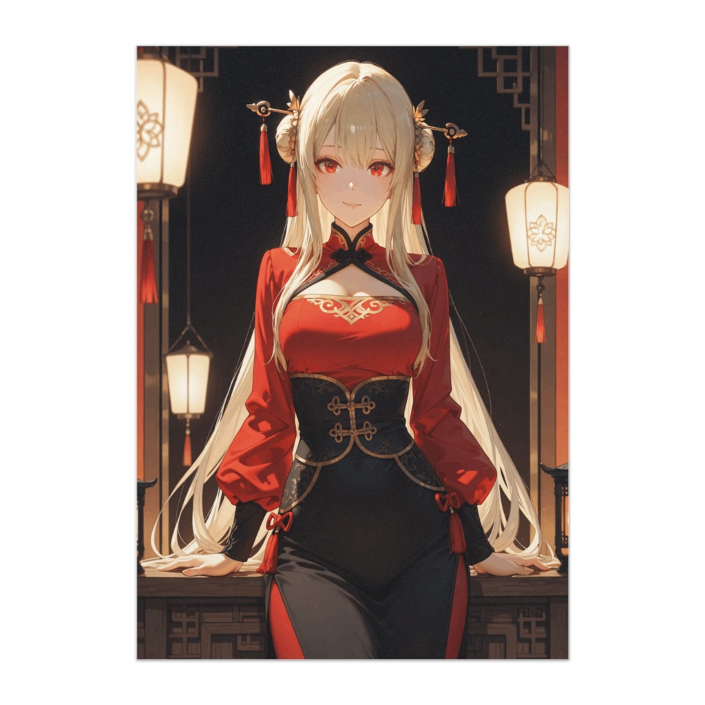 紅蓮のチャイナドレス美人(黒×金の気品)