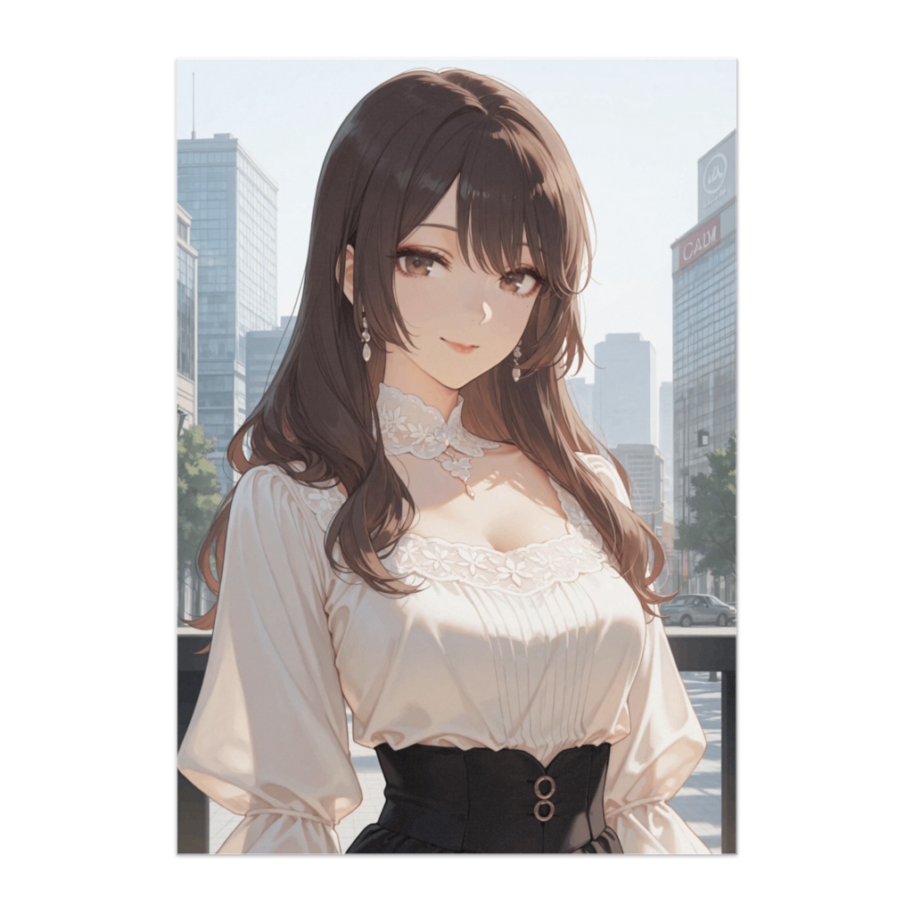 都会の光に溶けるフェミニンブラウスの女性