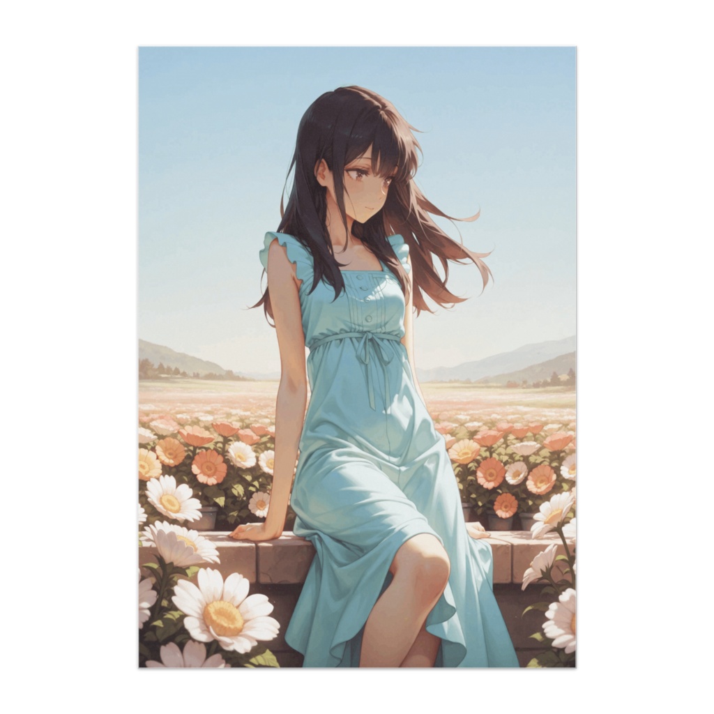 花咲く丘でひと休み（水色ワンピの少女）