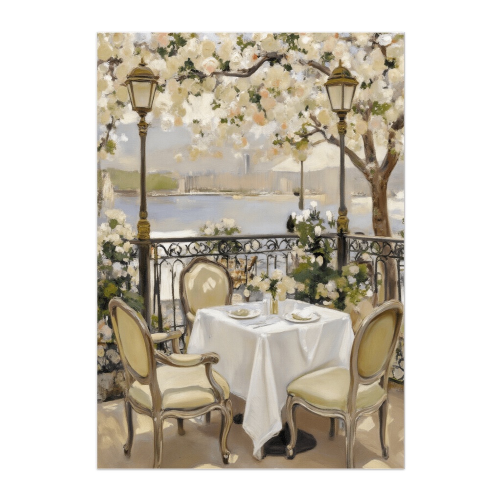 花に囲まれた川辺のテラス ― ロマンティックオイルペインティング風