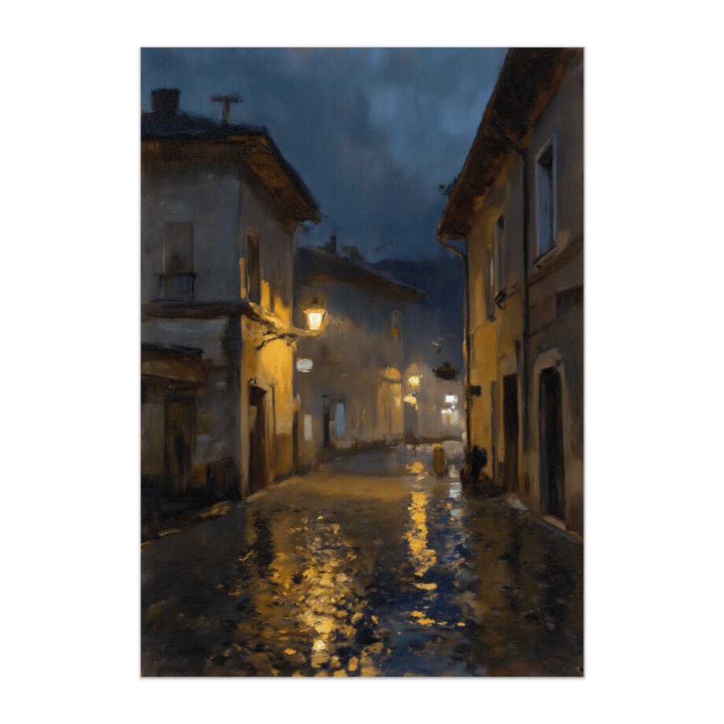 雨上がりの灯りが残る街角 ― 静かな夜の風景
