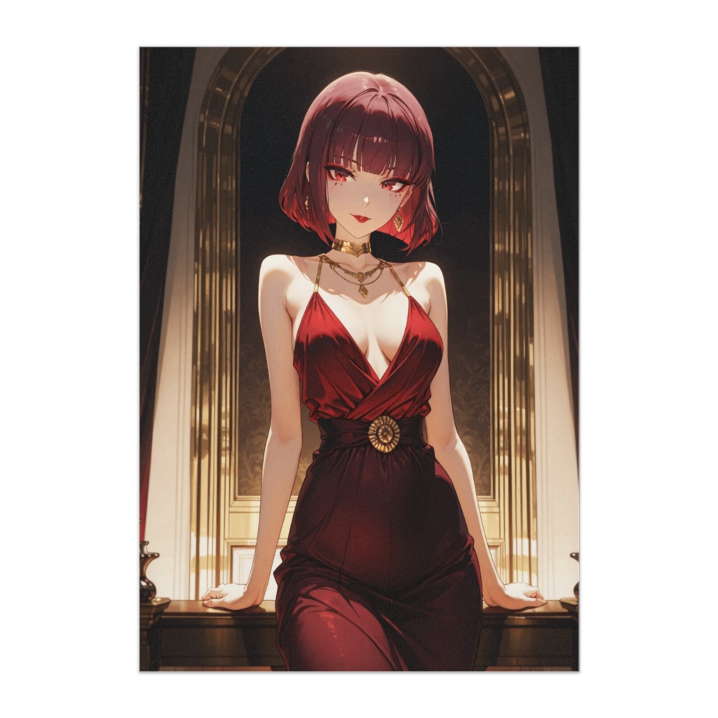 Crimson Elegance – 深紅のイブニングドレスと洗練された美