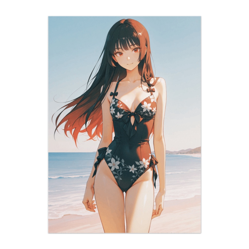 海辺に映える 赤花模様のエレガントワンピース水着