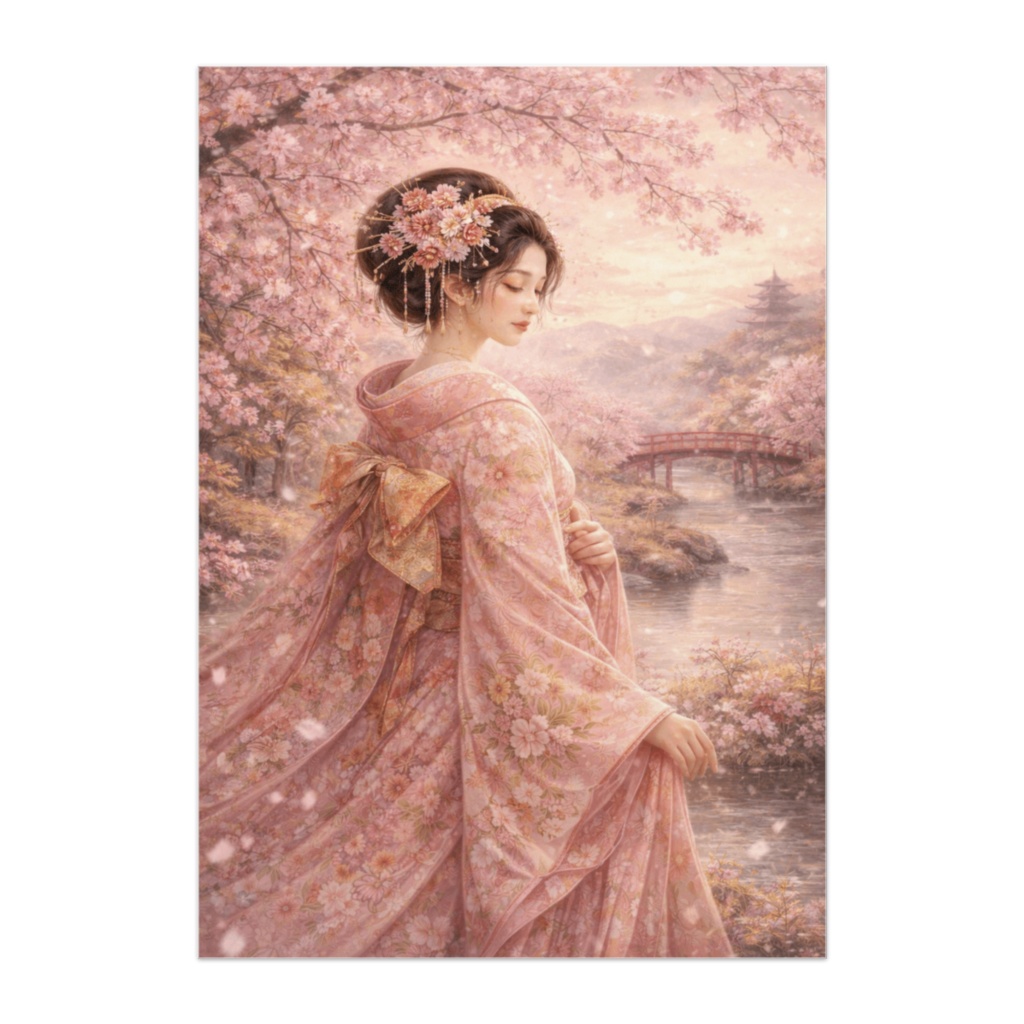 桜霞の中の日本人形風美女