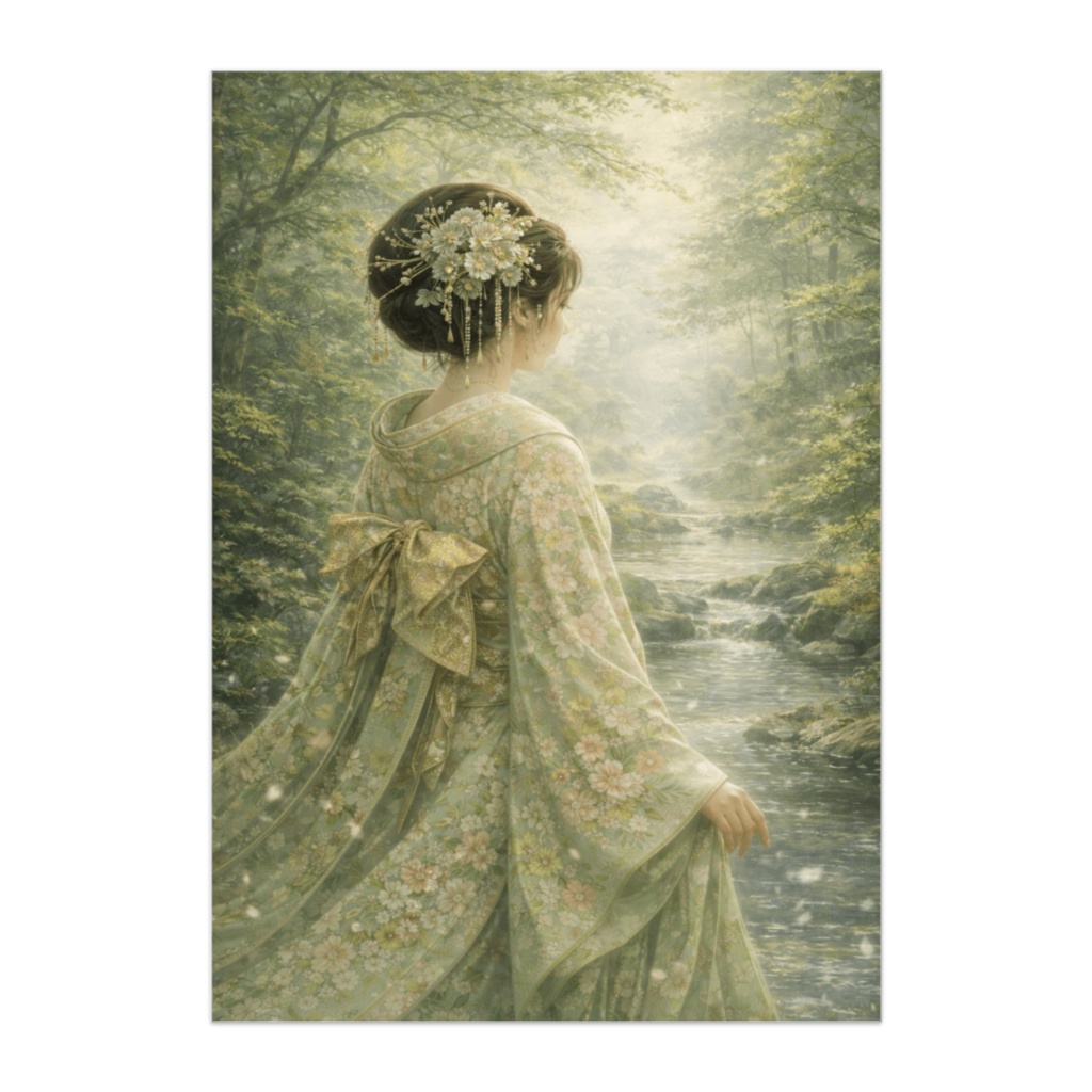 新緑の渓流に佇む日本人形風美女