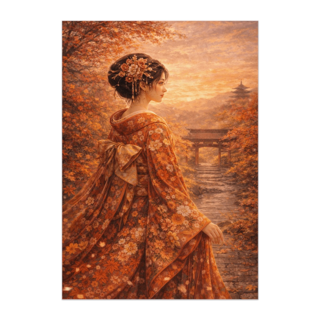 紅葉の夕景に映える日本人形風美女