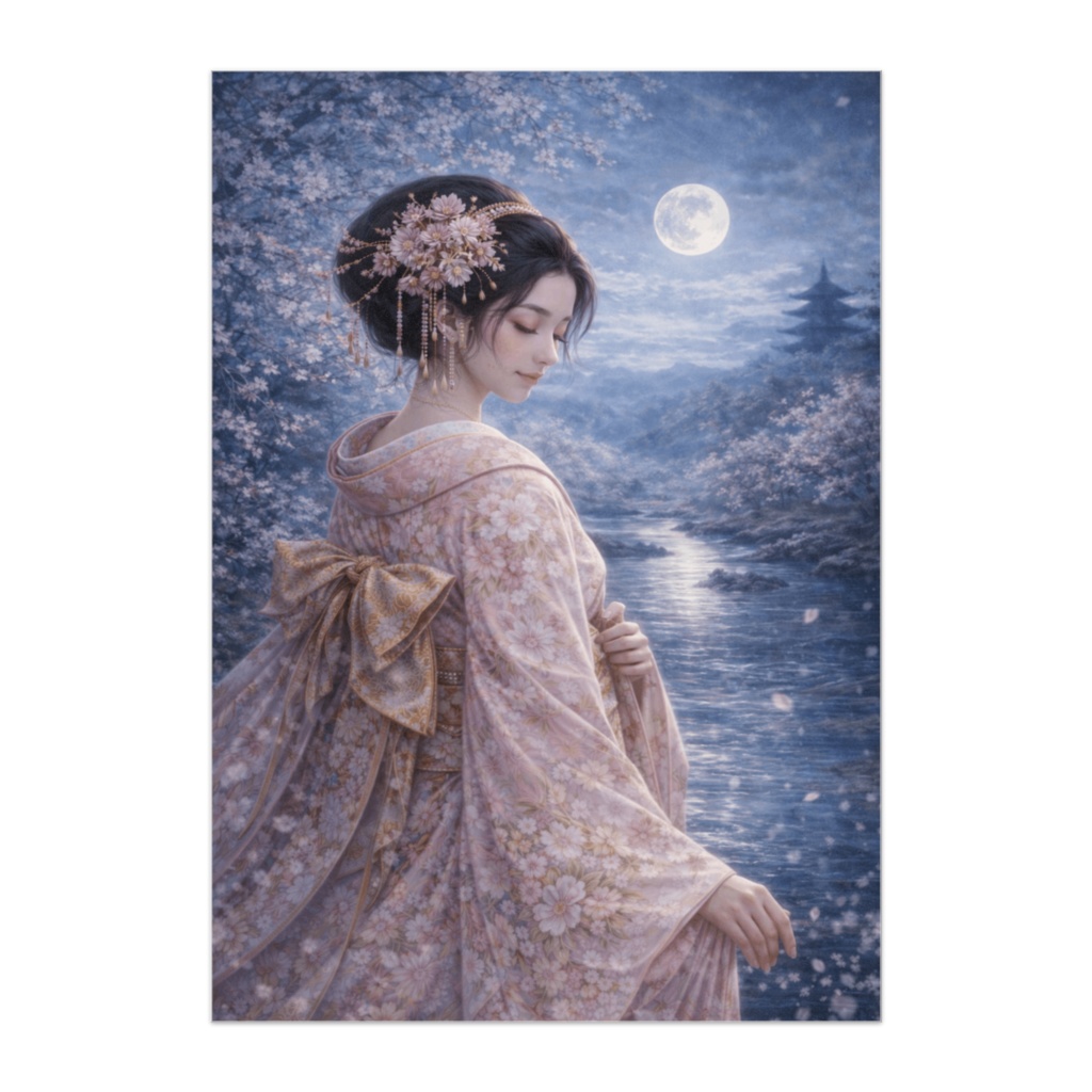 月映(つきばえ) ― 桜と月夜の和装美人