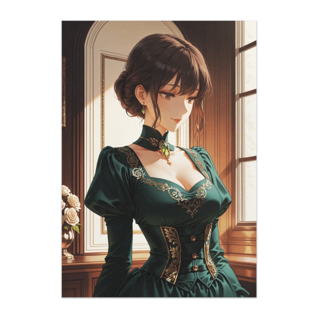 深緑のヴィクトリアン・コルセットドレスの貴婦人