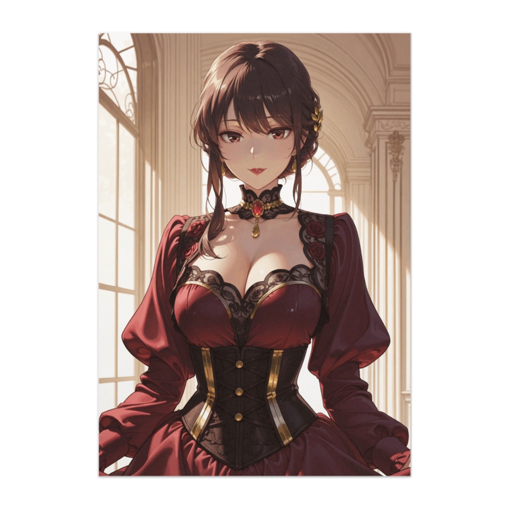 ボルドーのヴィクトリアン・コルセットドレスと薔薇の気品