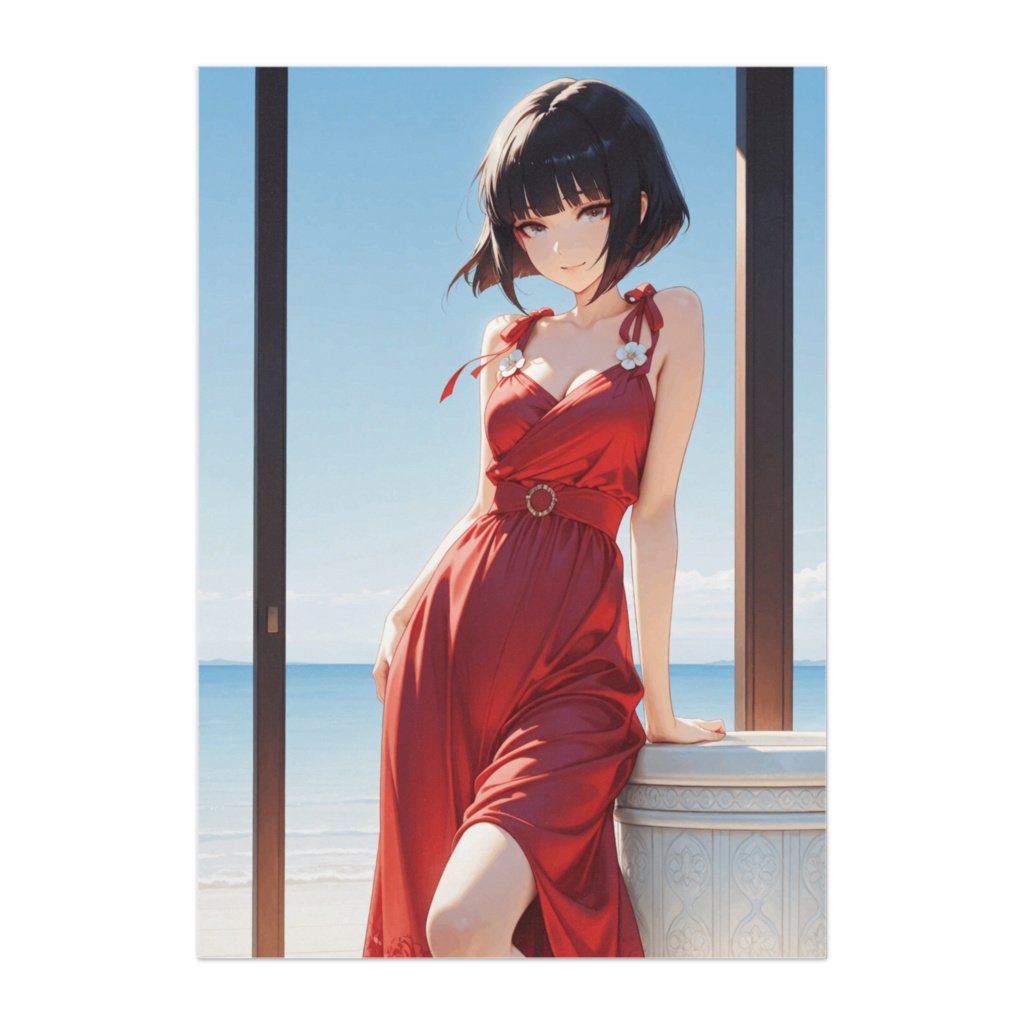 赤いドレスの午後 ― 海辺のリゾートエレガンス