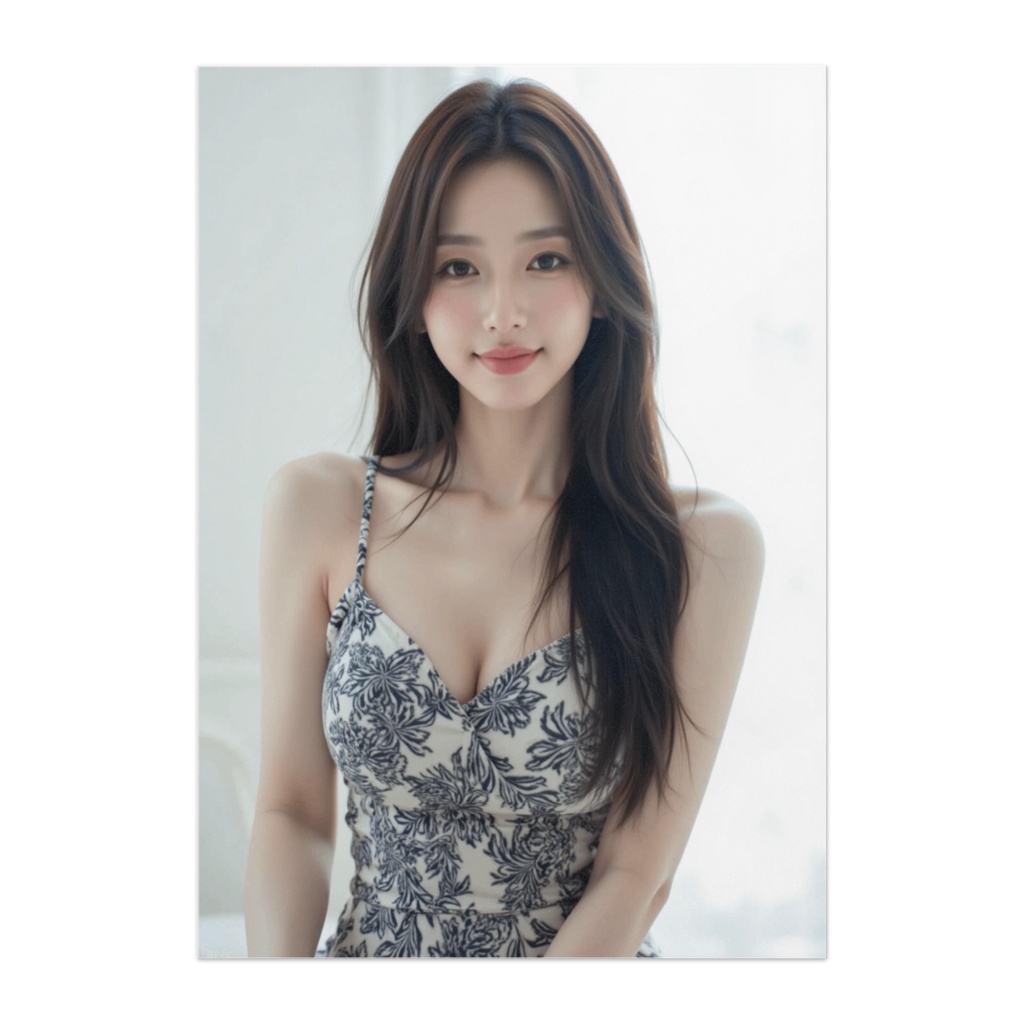 柔らかな光に包まれる 上品柄ワンピースの女性