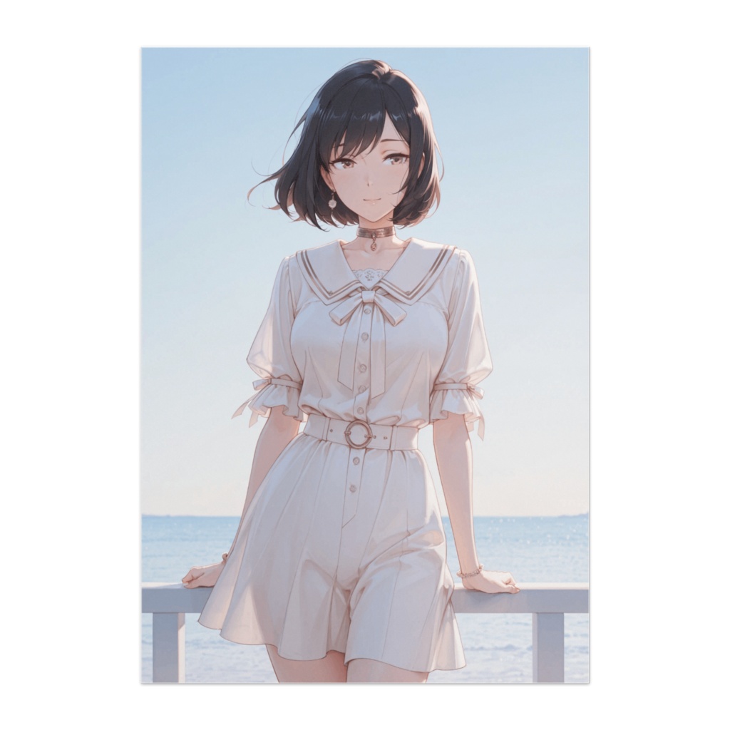 海風に揺れるセーラーワンピースの少女