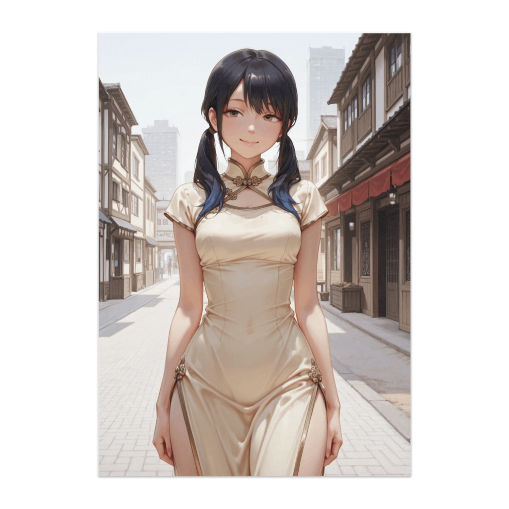 静かな街のクリームアイボリー・チャイナドレス