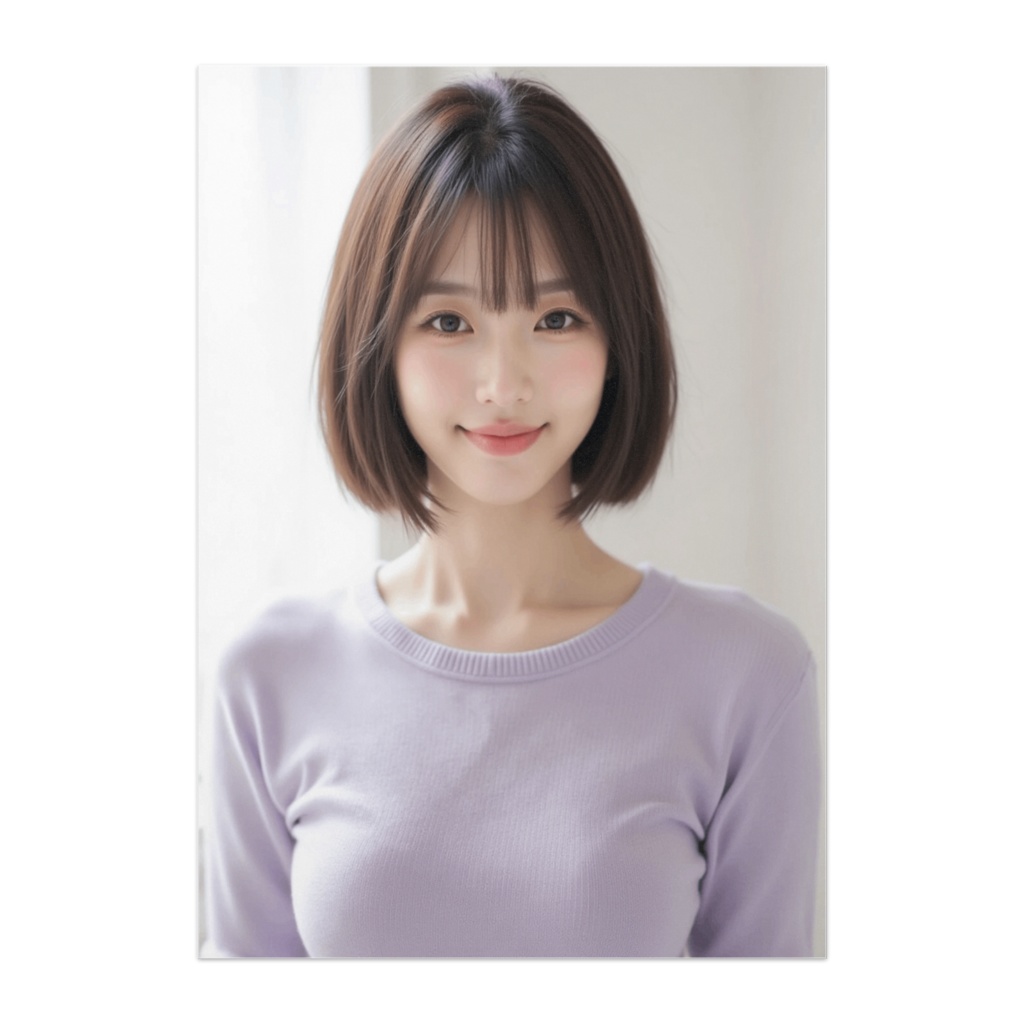 やさしい光に包まれるボブヘアの女性(薄紫ニット)