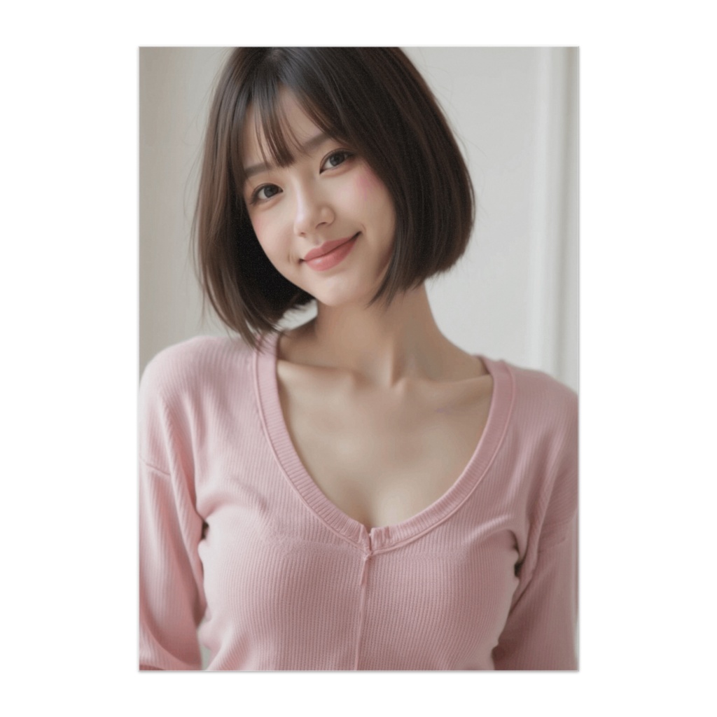 首を傾けて微笑むボブヘアの女性(ピンクニット)