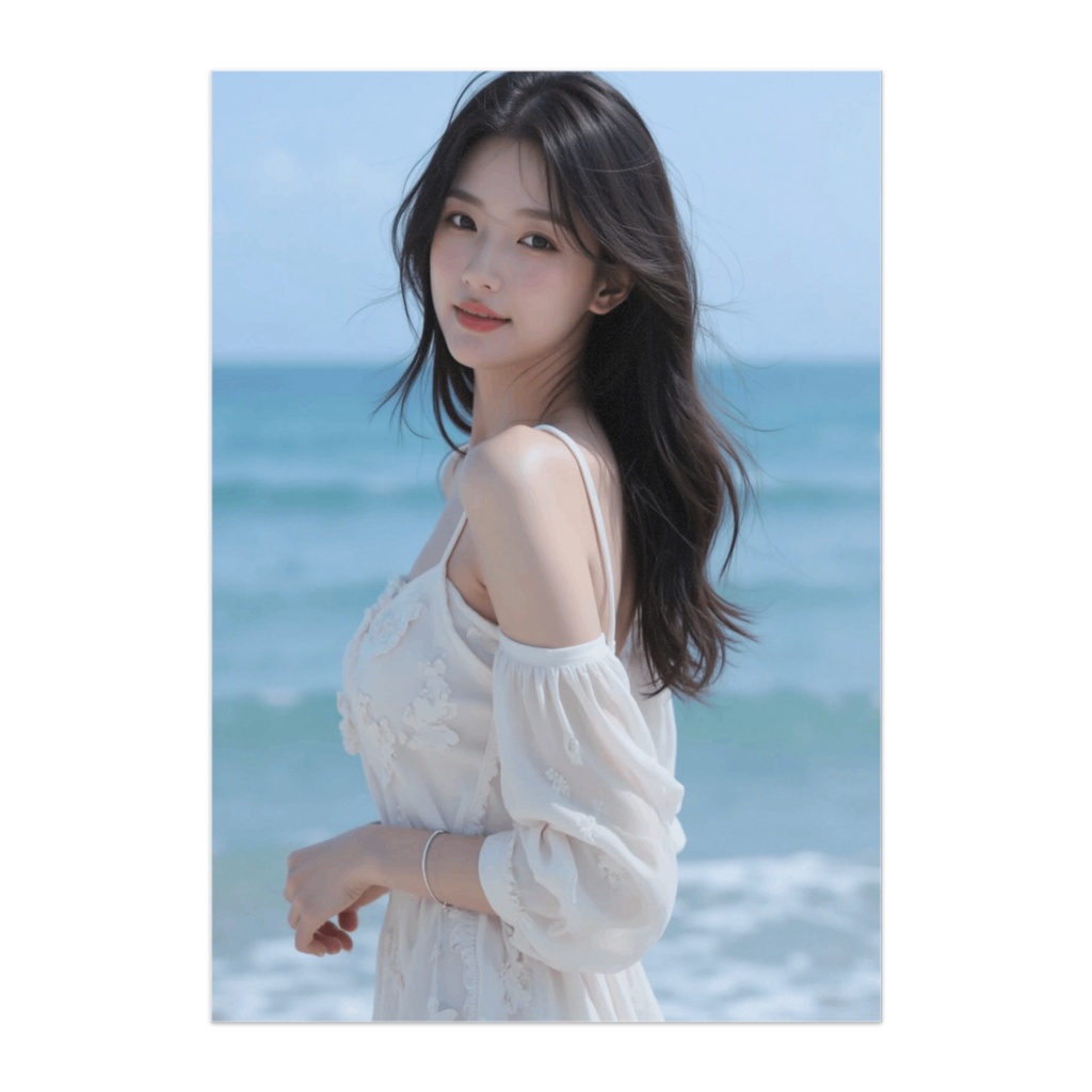 海風に包まれるホワイトドレスの夏ポートレート