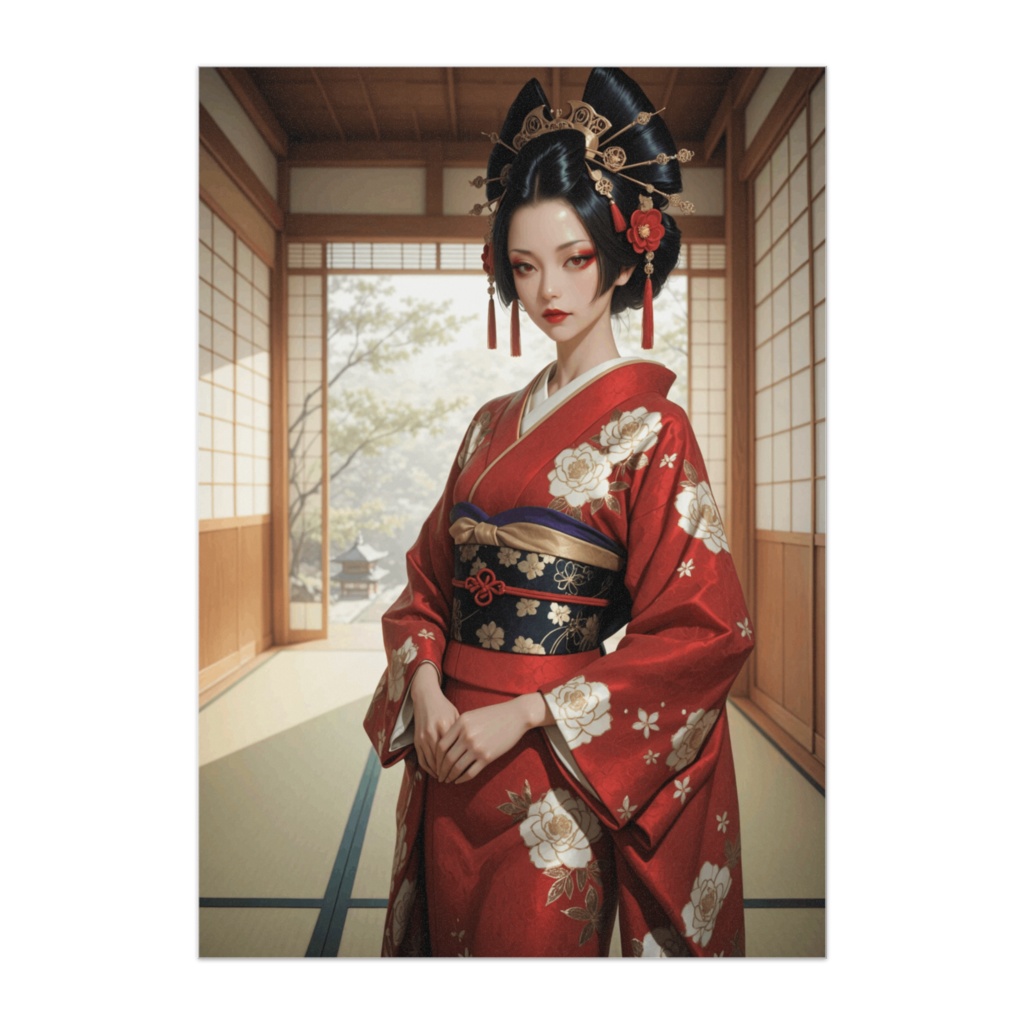 静寂の和室に佇む赤き花魁