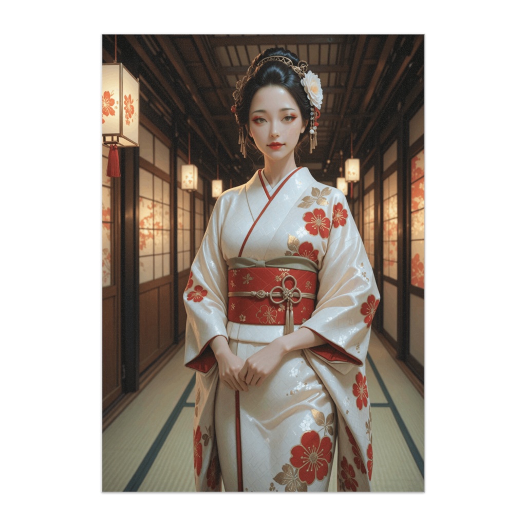 白き着物の花魁 ― 回廊に立つ静かな眼差し