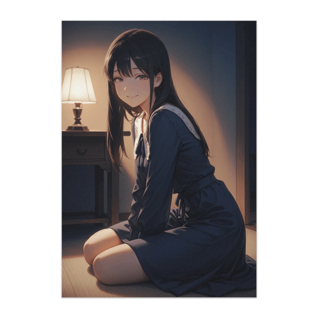 夜灯りのそばで微笑む彼女(ロングヘア)