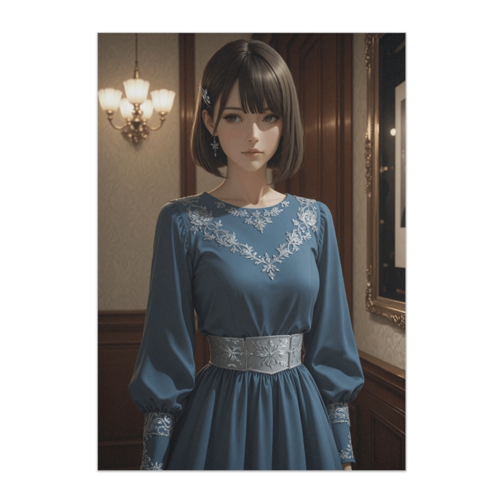 静かな室内と青のドレス